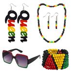 Bohue 5 Pieces Women's African Jewelry Set Jamaican Costume Accessories Square Sunglasses Rasta Beaded Bracelet Necklace Wooden Earrings Fashion Decoration for Women Girls