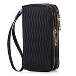 HAWEE Double Zipper Wallet for Woman Clutch Purse with Cell Phone Holder for Smart Phone/Card/Coin/Cash, Black Wave