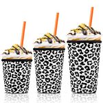 Iced Coffee Cup Sleeve for Large Sized Cups, Reusable Neoprene Iced Coffee Cup Holder for Hot Cold Drinks, Compatible with Starbucks, Dunkin Donuts, and More (3 PK Sm-Med-Lg, Black Leopard)