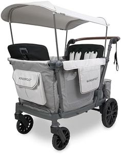 WONDERFOLD L4 Quad Stroller Wagon (4 Seater) - Collapsible Wagon Stroller with Seats with 5-Point Harnesses, Side Entrance, and Adjustable UPF50+ Canopy - Gray