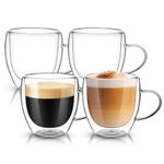 Dyserbuy 4 Pack Cappuccino Glass Mugs, Double Wall Insulated Glass Coffee Mugs with Handle, Drinking Glasses Cups, Perfect for Cappuccino, Latte, Espresso, Tea, Juice, Beverage (250ml/ 8.5oz)