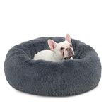 Bedsure Long Plush Calming Dog Bed - Washable Round Dog Bed - 30 inches Anti-Slip Faux Fur Donut Cuddler Round Cat Bed - Fits up to 45 lbs, Self Warming - Grey