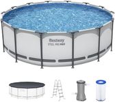 Bestway Steel Pro MAX 14 Foot x 48 Inch Round Metal Frame Above Ground Outdoor Swimming Pool Set with 1,000 Filter Pump, Ladder, and Cover, Gray