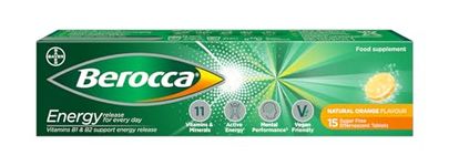 Berocca Vitamin C Effervescent Tablets, with Magnesium, Vitamin B12 and Vitamin B Complex (B1, B2, B3, B5, B6, B7, B9 and B12), Orange Flavour Tablets, 15 Tablets