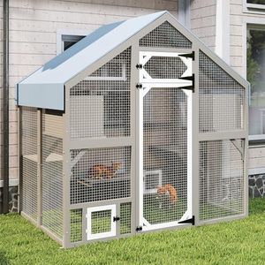 Ketive Cat Catio Outdoor Enclosure for Multiple Cats, Large Wooden Walk-in Cat House with Window Connection, 2 Condos, Platforms, Doors, and Weatherproof Roof Cover (69.5" L x 47" W x 71" H)