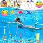 DAUXONE Diving Toys,27 Pcs Pool Toys with Diving Swim Thru Rings for Kids Age 3-12,Dive Sticks,Diving Rings,Diving Gem,Diving Octopus,Pool Torpedo Mesh Bag Include (DT_001)