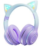 Bluetooth Headphones Over Ear, Hilifix LED Light Up Cat Ear Kids Headphones, Foldable Stereo Headphones Wireless Wired Headphones with Microphone for School/Study/Travel/PC/iPhone/iPad (Purple+Blue)