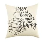 Ogiselestyle Throw Pillow Cover Coffee And Books Make Me Happy Quote Motivational Sign Reading Decoration Cushion Cover with Words for Book Lover Sofa Couch Home Decor Cotton Linen Pillow Case 18"x18"