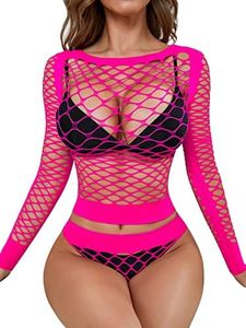 RSLOVE Women Sexy Mesh Lingerie Fishnet Babydoll Free Size Bodysuit See Through Shirts Long Sleeve (Flourescence Pink, Onesize Plus)