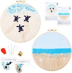 Embroidery Kit for Beginner Adults, Stamped Cross Stitch kits for Adults Beginners, Ocean Hand Embroidery Starter Needlepoint Kit, 2 Set Embroidery Supplies, 2 Hoops (Attached Teaching Video QR Code)