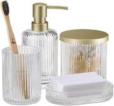 Navaris Glass Bathroom Accessories Set (4 Pieces) - Includes Soap Dispenser, Toothbrush Tumbler, Soap Dish, Cotton Pad Holder - Clear Glass with Gold Metal