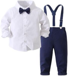 WEIWODUZUN Toddler Boys Dress Clothes Kids Casual Outfit, Shirt & Pants Suspenders Set with Bow Tie 1-6 Years Milky White
