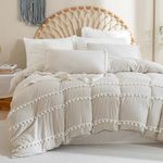 Merryword Beige Duvet Cover Twin Size Beige Gray Bedding White Pom Pom Farmhouse Bedding Set Soft Washed Microfiber Duvet Cover with Zipper Closure & Corner Ties