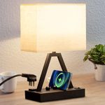 Briever Table Lamp for Bedroom with USB C & A Ports, Non-Dimmable Bedside Lamp with 3-Prong AC Outlet, Nightstand Lamp with Phone Stands and Fabric Shade, Desk Lamps for Living Room, Office, Black