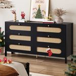 DWVO Natural Rattan 6 Drawer Dresser-Wooden Black Boho Double Dresser Chest of Drawers with Golden Handles-Modern Large Closet Dressers Storage Cabinet for Living Room/Hallway/Entryway