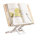 Book Stand for Reading, Bamboo Recipe Cookbook Holder for Kitchen, Adjustable Book Holder with Page Clips for Music Scores, Recipe, Magazines, Laptop (Original Wood + White)