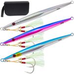 Gefischtter 3pcs Saltwater Vertical Fishing Jigs Metal Jigging Spoon Speed Fast Deep Sea Jigging Fishing Lures Glow Lead Jigs with Assist Hooks for Tuna,Bass,Dogtooth,Grouper/5.64oz(160g)