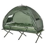 Outsunny 4-in-1 Multi-Functional Outdoor Compact Folding Shelter Tent Hiking Camping Bed Cot Combo with Sleeping Bag Air Mattress Pillow, Army Green