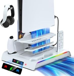 For PS5 Slim/Pro Cooling&Charging Station for Disc/Digital Console,3 Level Cooler Fan Stand with RGB Light,2 Controller Charger,Playstation Accessories with 3 USB Port,6 Game Slots (Not for PS5)