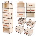 BinWhiz 112 x 32 x32 cm Hanging Shelf Organizer, 6-Tier Fabric Shelves Clothes Bins with Drawers and Hooks for Closet Wardrobe Organization and Storage, Beige