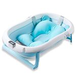 SYGA Baby Bath Tub, Foldable Bathtub with Support Cushion, Drain Plug,Stable Anti-Skid Collapsible Infant Shower Basin for Toddlers Newborns Bathing_Blue