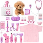 Meland Toy Doctor Kit for Girls - Pretend Play Doctor Set with Dog Toy, Carrying Bag, Electronic Stethoscope & Dress Up Costume - Doctor Play Gift for Kids Toddlers Ages 3 4 5 6 Year Old for Role Play