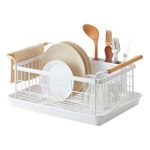 Yamazaki Home Dish Drying Rack – Modern White Dish Rack for Kitchen Counter with Removable Drainer Tray and Cutlery Holder, Dish Drying Organizer, Small Space-Saving Design - Steel + Wood -