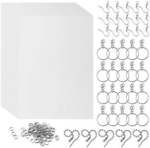 EMSea 155 Pcs Heat Shrink Plastic Sheet Kit Include 15 Pcs Shrinky Art Paper with 100 Pcs Open Jump Rings 20 Pcs Key Rings 15 Pcs Ear Hooks 5 Pcs Bead Chains for DIY Creative Craft Tool