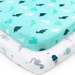 Pack and Play Fitted Sheet, Stretchy Pack and Play Sheets | Mini Crib Sheets 2-Pack, Compatible with Standard Pack n Play, Soft and Breathable Material, Dinosaurs & Ocean