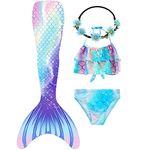 Girls Mermaid Tails Swimming, Mermaid Tails for Girls Swimsuit Kids Bathing Suit 3 to 12 Years, Blue, 3-4T