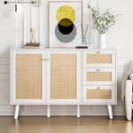 Anmytek Rattan Sideboard, Farmhouse Buffet Cabinet with Storage and Drawers, Rattan White Wood Sideboard Storage Cabinet for Kitchen Hallway, H0101