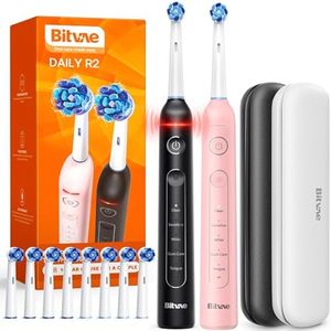 Bitvae Rotating Electric Toothbrush 2 Packs for Adults with Pressure Sensor, Gifts for Men/Women, 5 Modes Rechargeable Power Toothbrush with 8 Brush Heads, Black & Pink, R2