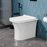 InArt Comfort Height Rimless Back to Wall Toilet WC Pan - White Ceramic with Soft Close Seat, 4" S Trap Outlet, Modern One-Piece Floor Mount Western Toilet for Small Bathrooms