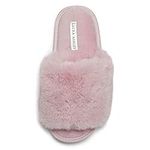 Laura Ashley Womens Soft Plush One Band Memory Foam Slide Slippers, Warm Fuzzy Open Toe Faux Fur Bedroom Slipper Slides, Pink, Medium