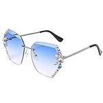 LYAART Vintage Fashion Rimless Crystal Sunglasses,Crystal Cutting Lens Sunglasses for Woman,Sparkling Crystal Sunglasses (blue)