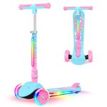 BELEEV A10 Scooter for Kids Ages 3-12 with Light-Up Stem & Deck & Wheels, 3 Wheel Folding Scooter for Toddlers Girls & Boys, 4 Adjustable Height, Extra Wide Deck, Scooter for Children(Blue Pink)