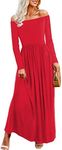 Amoretu Womens Casual Off Shoulder Long Sleeve Maxi Dress with Pockets Red L