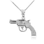 Solid 925 Sterling Silver Revolver Pistol Gun Pendant Necklace, 20"