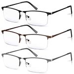 Xnourney 3 Pack Blue Light Blocking Reading Glasses for Men, Stylish Half Frame Metal Computer Readers, Lightweight Spring Hinge Eyeglasses Anti Eyestrain/Glare/UV (Mix Color, Black+Grey+Brown, 1.0)