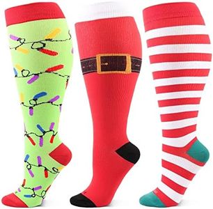 Wide Calf Compression Socks for Women & Men Extra Large Size Support Socks for Nurses Running Pregnant Travel, 15-20 mmHg, 3 Pairs Christmas, Medium
