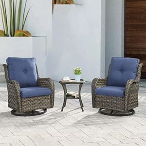 Pugire Outdoor Patio Swivel Rocker Chairs - 3 Piece Patio Bistro Set,Wicker Patio Furniture Set with 2 Swivel Rocking Chairs and 1 Glass Top Side Table for Deck Porch Garden,Mixed Grey/Blue