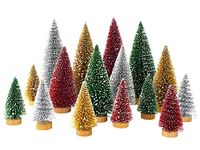 Whaline 16Pcs Artificial Mini Christmas Tree Snow Frosted Trees Red Green Gold Silver Bottle Brush Tree Desktop Mini Pine Tree with Wood Base for Christmas Home Office Tabletop Crafts, 3 Sizes