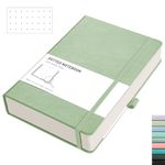 RETTACY A5 Bullet Dot Grid - Dotted Notebook With 320 Numbered Thick Journal Leather Hardcover 100gsm Paper Pen Holder, Inner Pocket, 2 Free Journal Stencils 14.5 x 21cm - Light Green