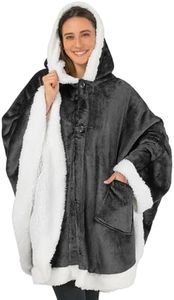 PAVILIA Angel Wrap Hooded Blanket Sherpa Lining | Poncho Blanket Wrap with Warm Fleece Sherpa | Plush, Soft, Wearable Blanket Throw Cape with Hood, Pockets | Fleece Shawl Cozy Gifts for Women (Gray)