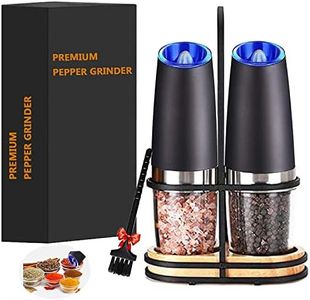 Gravity Electric Pepper and Salt Grinder Set, with Stainless Steel Bracket and Wooden Base,Brush,Blue LED Light,Adjustable Coarseness Salt & Pepper Mill Sets, Very Practical Gift(2 Black+Base)