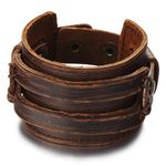 COOLSTEELANDBEYOND Metallic Brown Genuine Leather Wristband Mens Wide Leather Bracelet with Snap Button