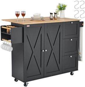 VEVOR Kitchen Island Cart, 45.3" Wood Top Mobile Carts with Storage Cabinet, Rolling Table with Drop Leaf, Spice Rack, Towel Bar, Adjustable Shelf, Drawer, and Hooks, Portable Islands on Wheels, Black