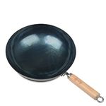 ZhenSanHuan Chinese Hand Hammered Iron Woks and Stir Fry Pans Wood Handle, Non-Stick, No Coating, Less Oil, 章丘铁锅，A bite of China (30CM/11.8inches)