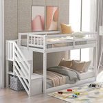 P PURLOVE Twin Over Twin Junior's Low Bunk Bed with Storage Stairs,Wood Floor Bunk Bed with Storage for Kids Teens,Floor Twin Size Bunk Bed with Slat, No Box Spring Need