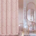 Small Stall Boho Pink Shower Curtain White Tassel Woven Fabric Shower Curtain 36 x 72 Half Size Tufted Chevron Striped Textured Modern Farmhouse Minimalist Shower Curtain for Bathroom